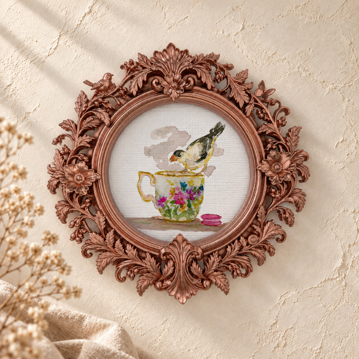 Goldfinch on a Teacup round framed art print, rose gold baroque frame