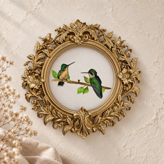 Green Hummingbirds on a Branch round framed art print, gold baroque frame