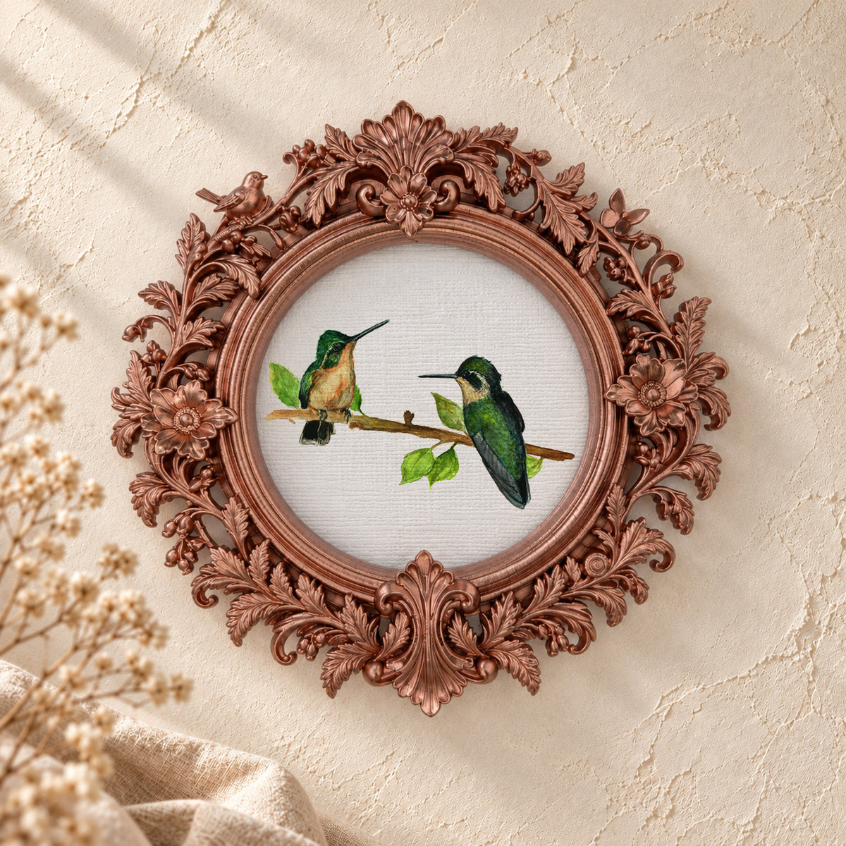 Green Hummingbirds on a Branch round framed art print, rose gold baroque frame