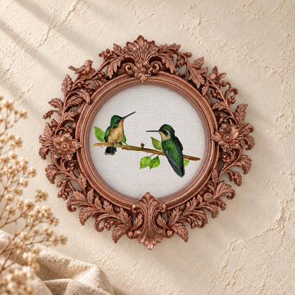 Green Hummingbirds on a Branch round framed art print, rose gold baroque frame