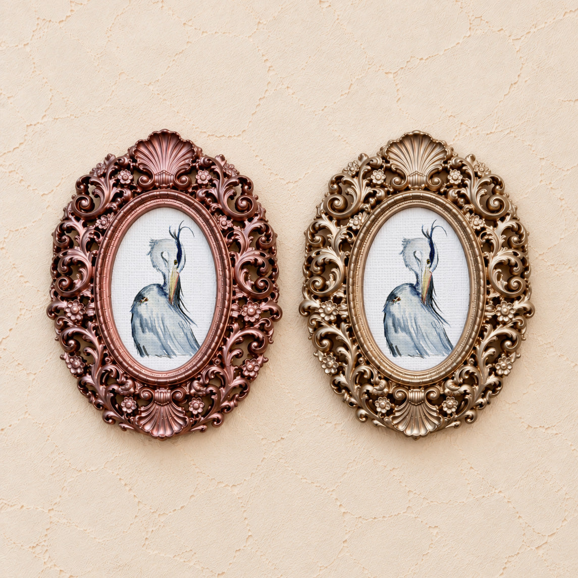 Heron Preening, gold and rose gold side by side