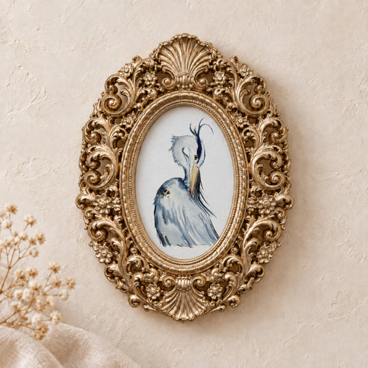 Heron Preening framed art print, gold baroque frame