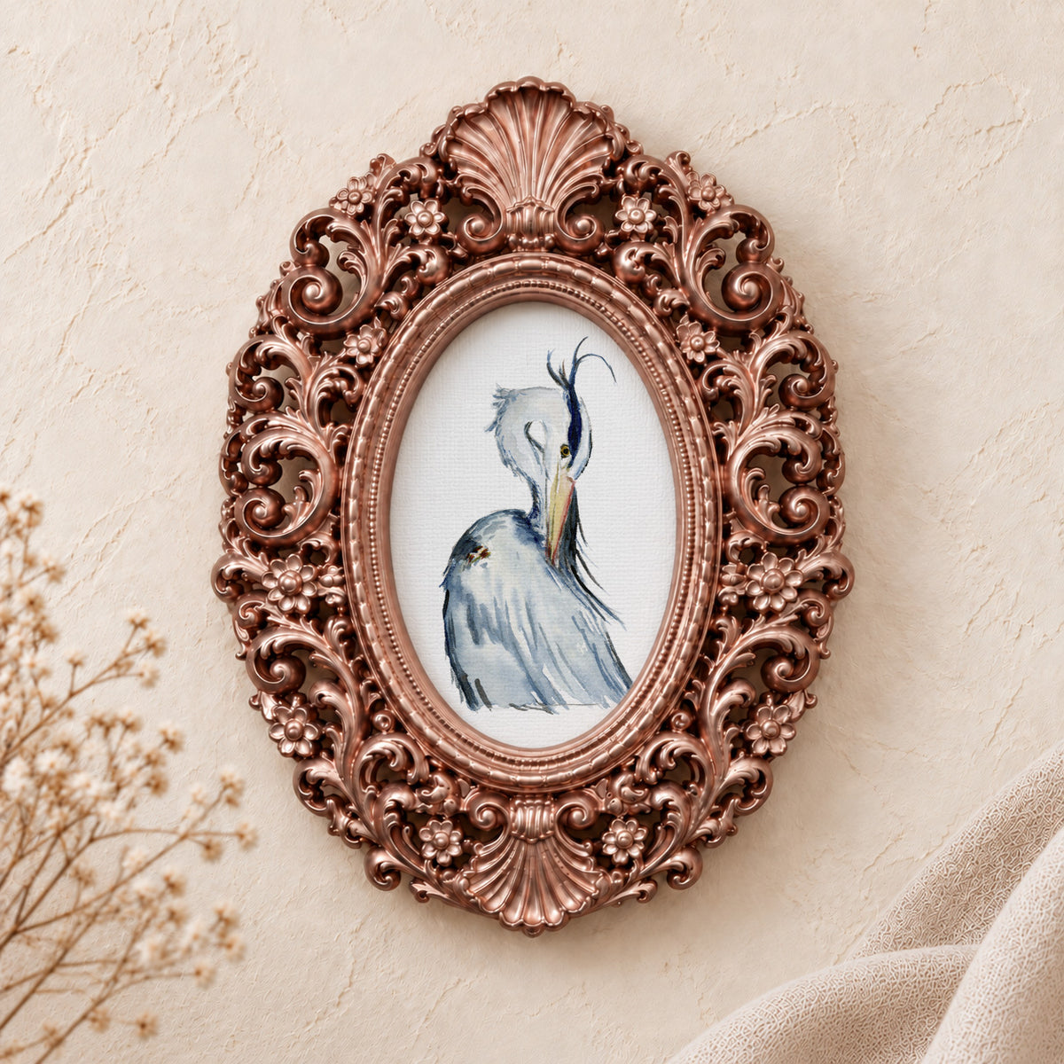 Heron Preening framed art print, rose gold baroque frame