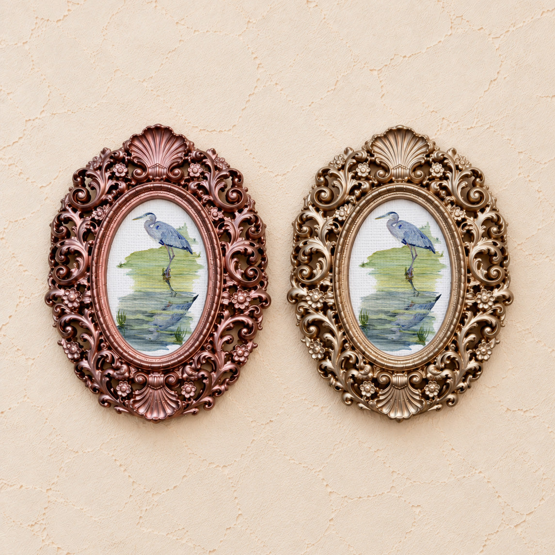 Heron Reflection, gold and rose gold side by side