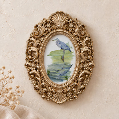 Heron Reflection framed art print, gold baroque frame