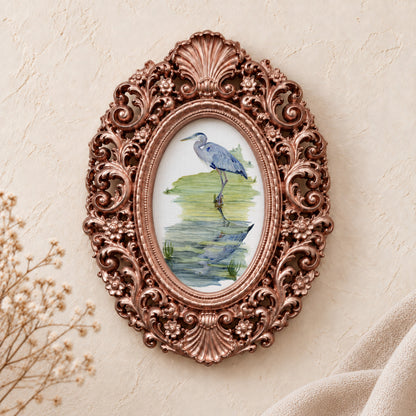 Heron Reflection framed art print, rose gold baroque frame