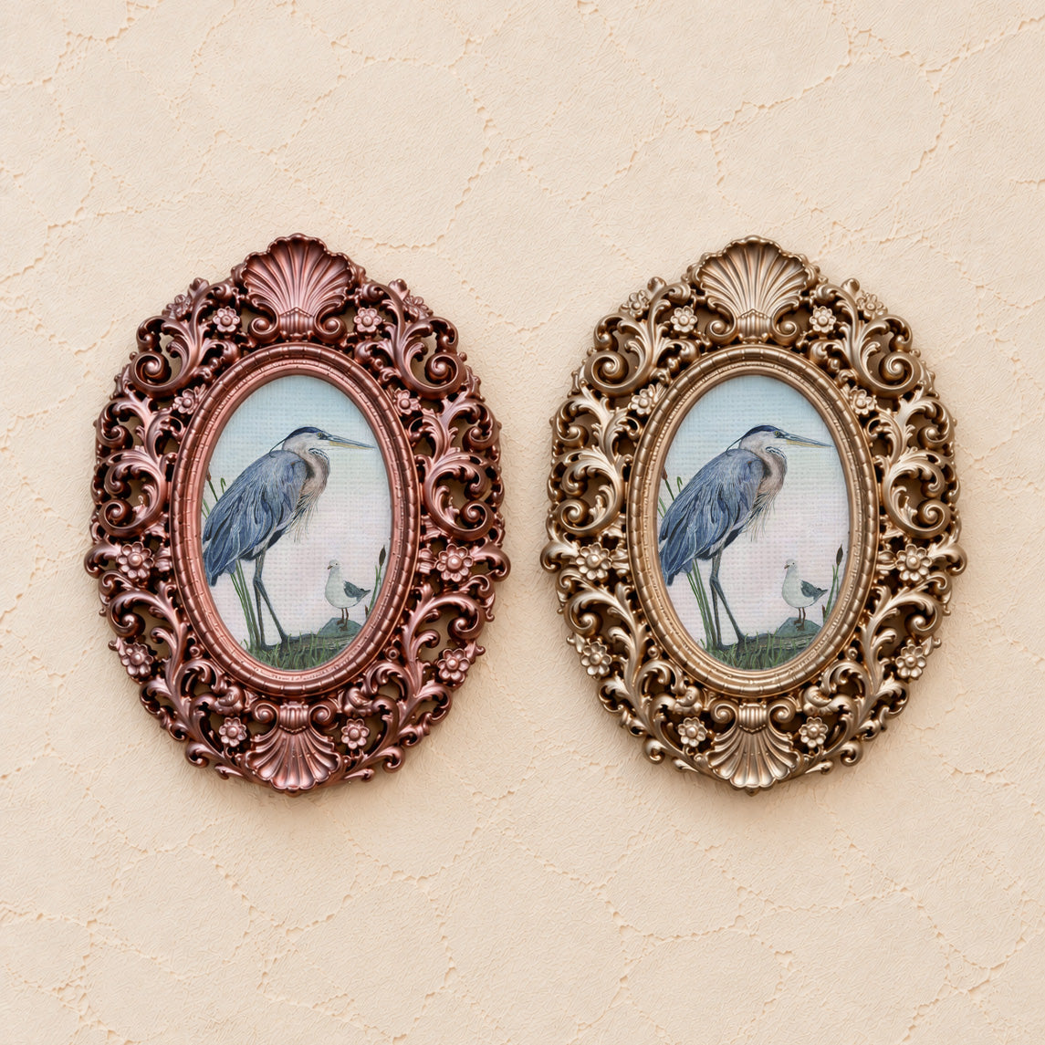 Heron and Gull, gold and rose gold side by side