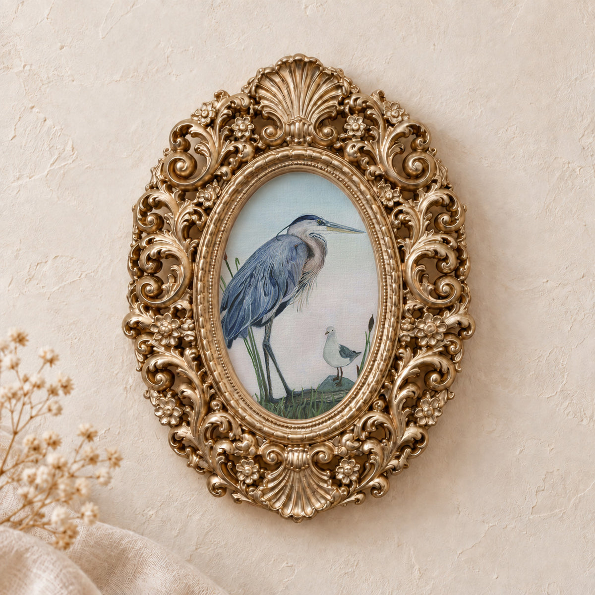 Heron and Gull framed art print, gold baroque frame