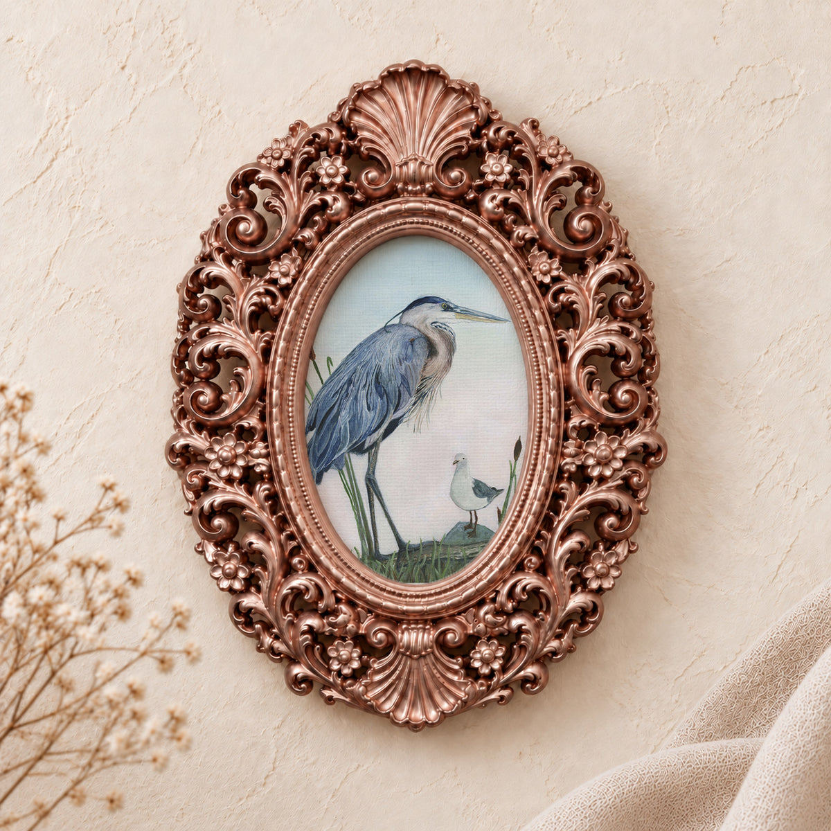 Heron and Gull framed art print, rose gold baroque frame