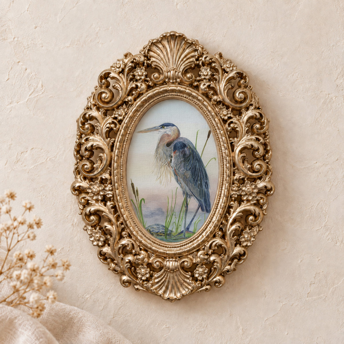 Heron and a Turtle framed art print, gold baroque frame