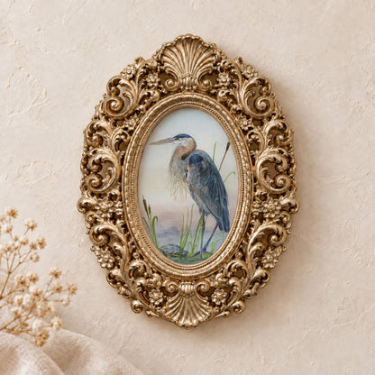 Heron and a Turtle framed art print, gold baroque frame