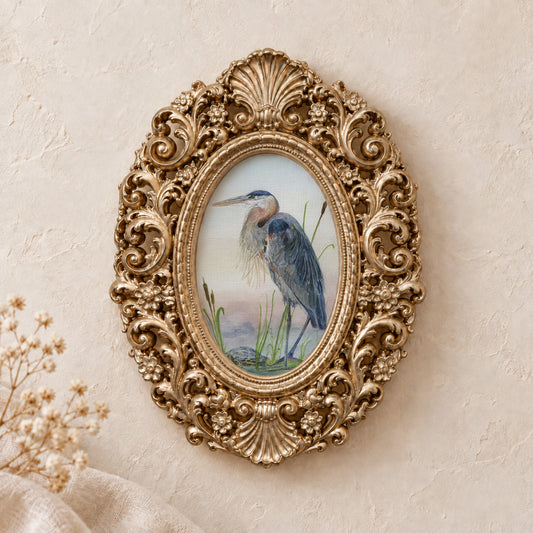 Heron and a Turtle framed art print, gold baroque frame