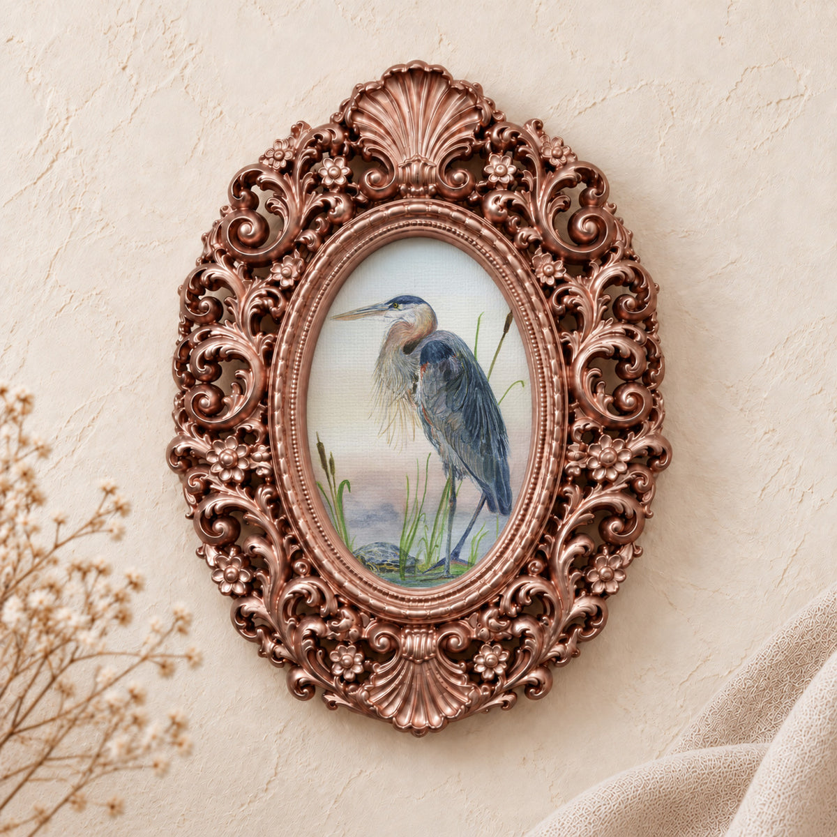 Heron and a Turtle framed art print, rose gold baroque frame
