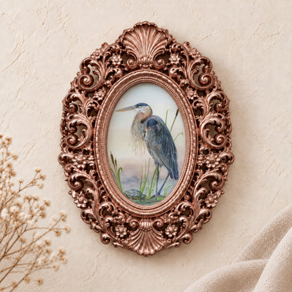 Heron and a Turtle framed art print, rose gold baroque frame