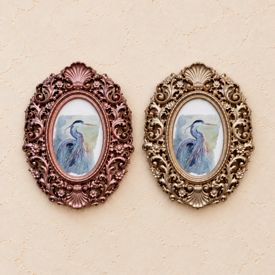 Heron in Blue, gold and rose gold side by side