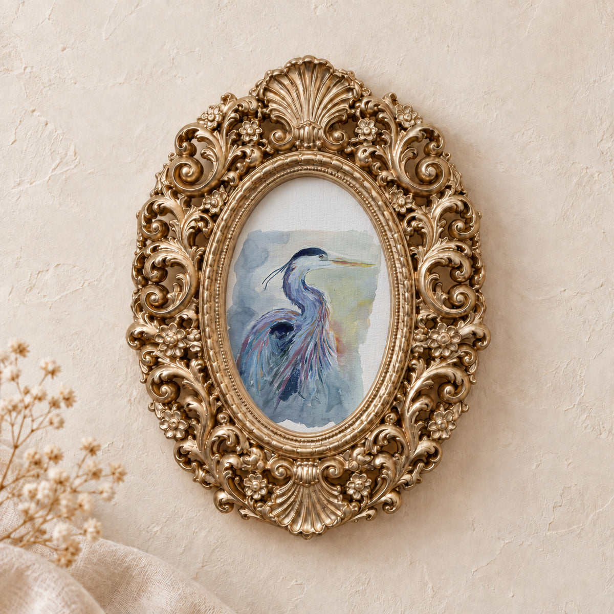 Heron in Blue framed art print, gold baroque frame