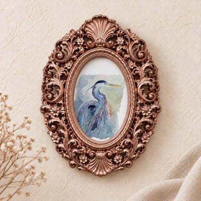 Heron in Blue framed art print, rose gold baroque frame