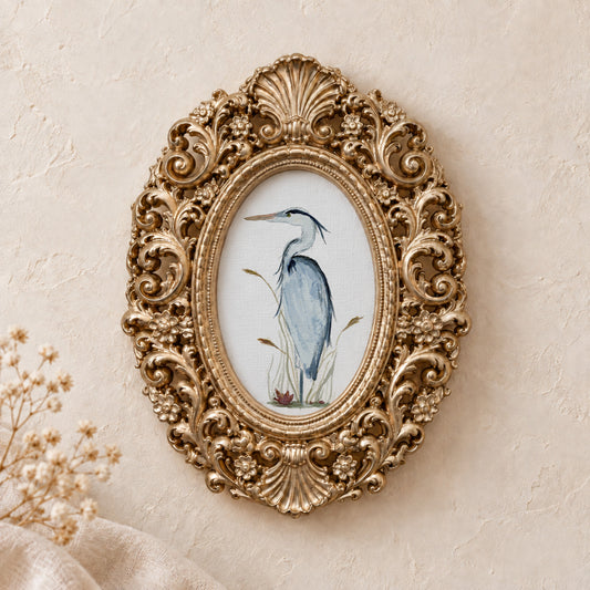 Heron in Cattails framed art print, gold baroque frame