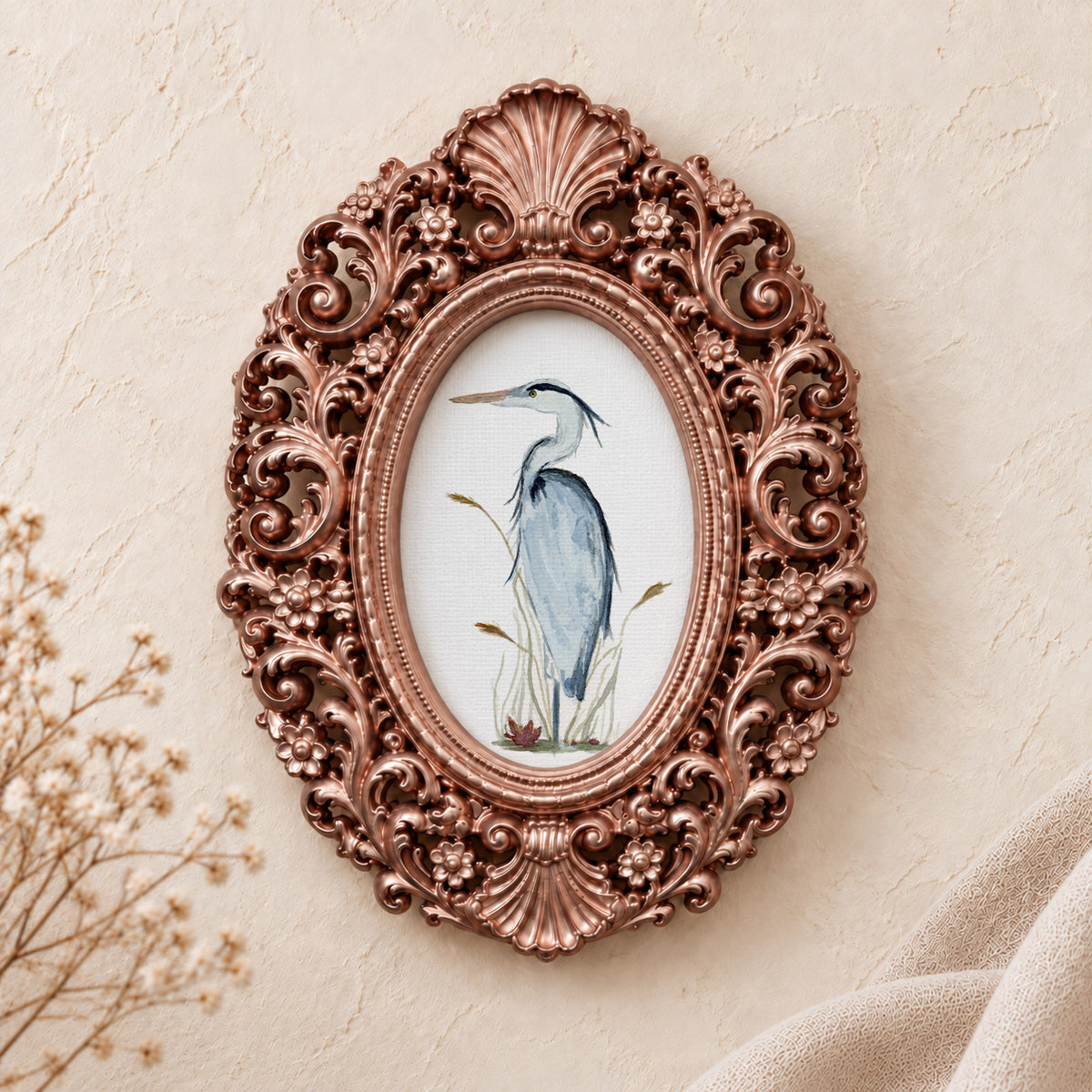 Heron in Cattails framed art print, rose gold baroque frame