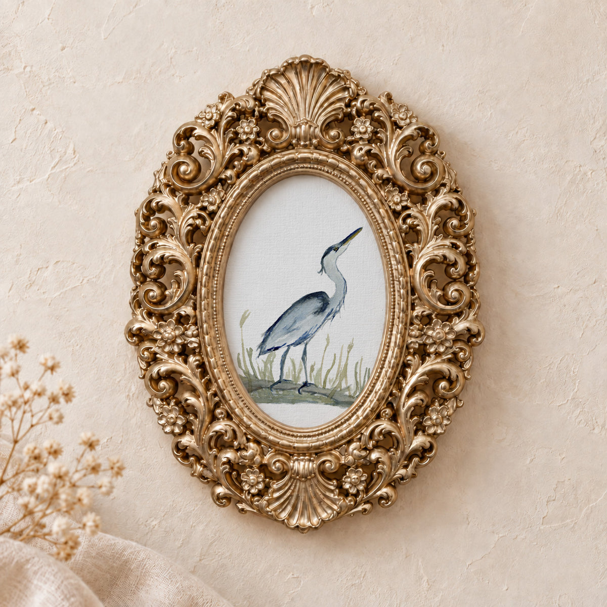 Heron in the Grass framed art print, gold baroque frame