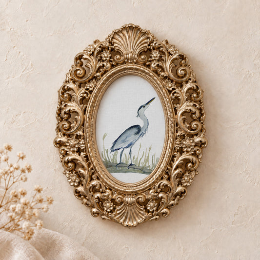 Heron in the Grass framed art print, gold baroque frame