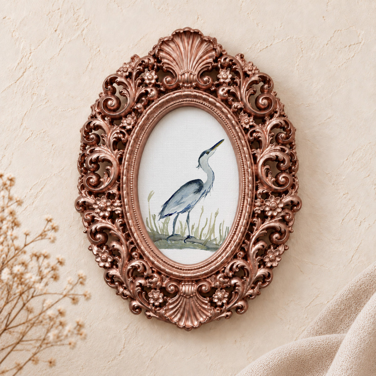 Heron in the Grass framed art print, rose gold baroque frame