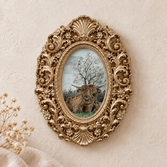 Highland Cow in the Field framed art print, gold baroque frame