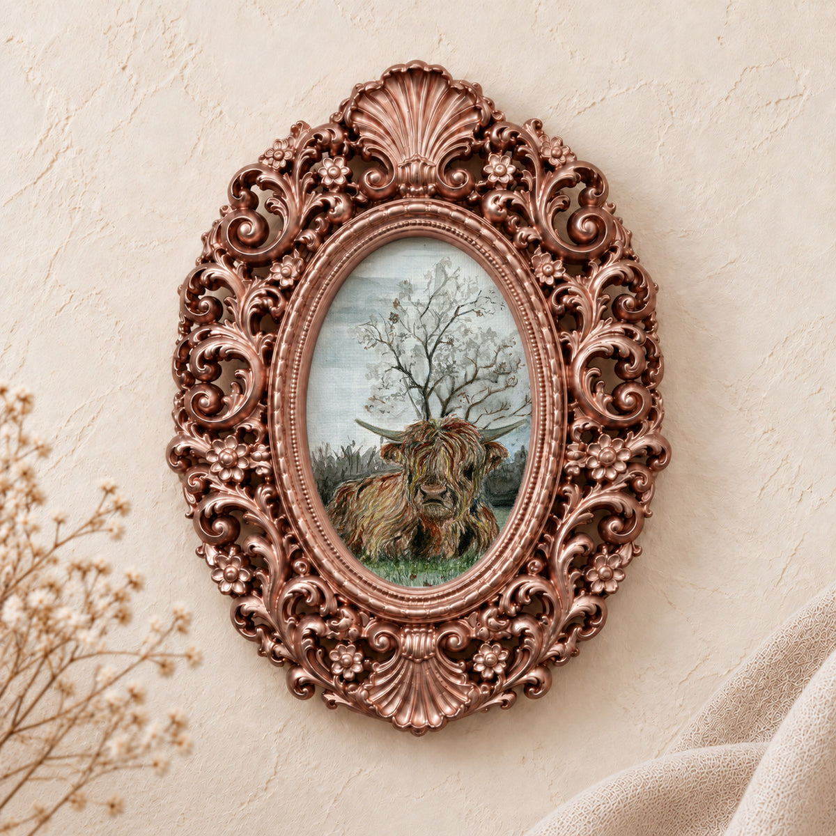 Highland Cow in the Field framed art print, rose gold baroque frame