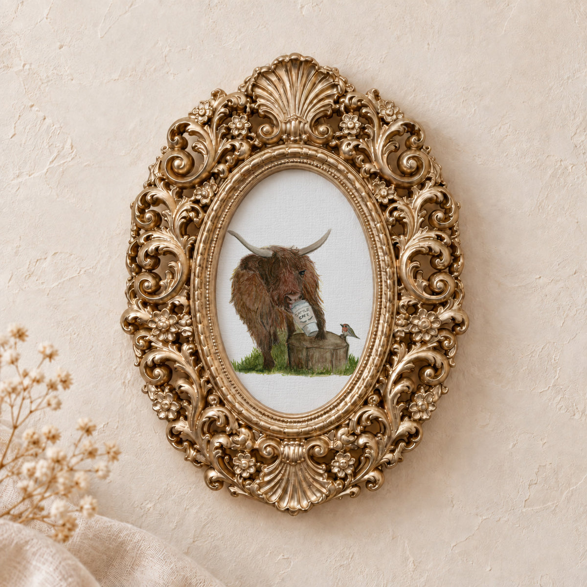 Highland Cow with Coffee framed art print, gold baroque frame