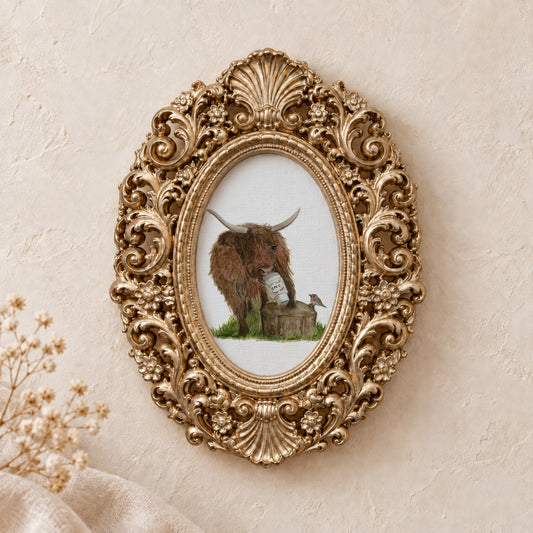 Highland Cow with Coffee framed art print, gold baroque frame