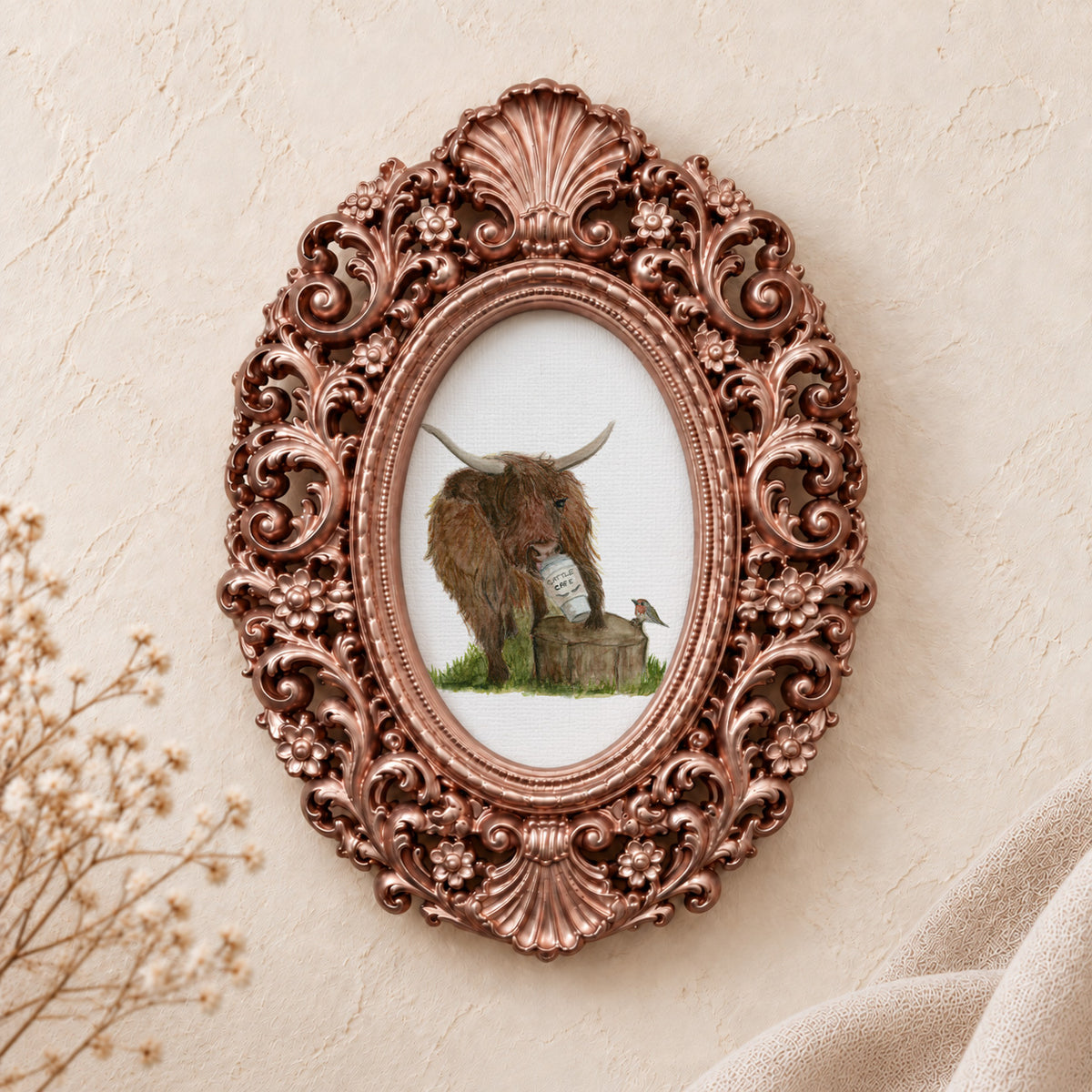 Highland Cow with Coffee framed art print, rose gold baroque frame