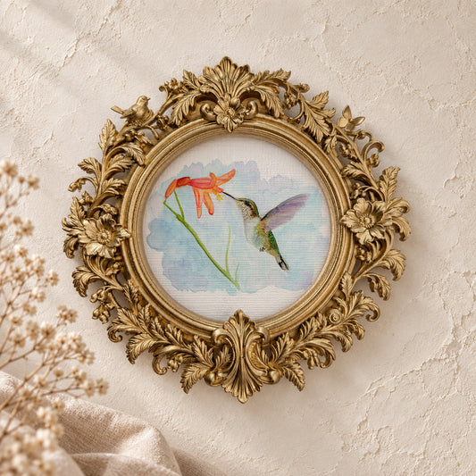 Hummingbird and a Daisy round framed art print, gold baroque frame