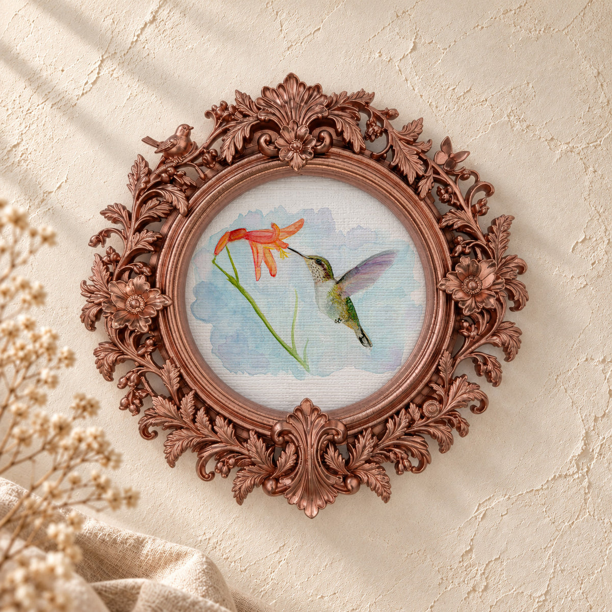 Hummingbird and a Daisy round framed art print, rose gold baroque frame