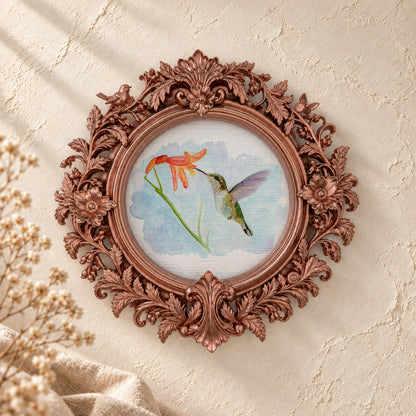 Hummingbird and a Daisy round framed art print, rose gold baroque frame