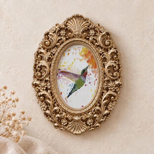 Hummingbird in Color framed art print, gold baroque frame
