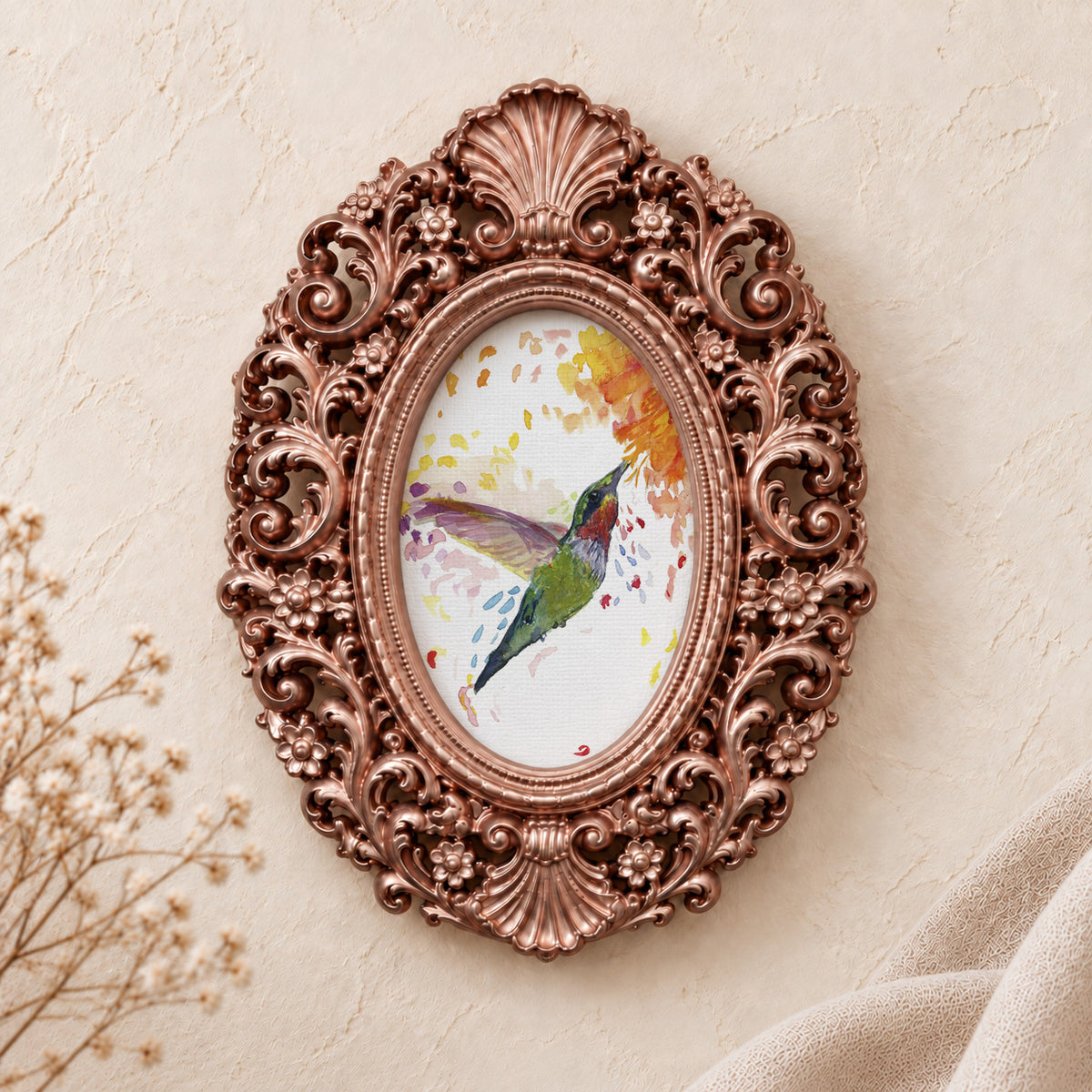 Hummingbird in Color framed art print, rose gold baroque frame