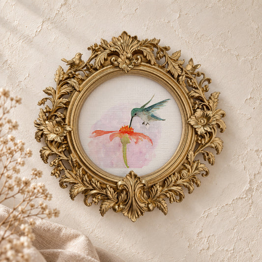 Hummingbird on a Coneflower round framed art print, gold baroque frame