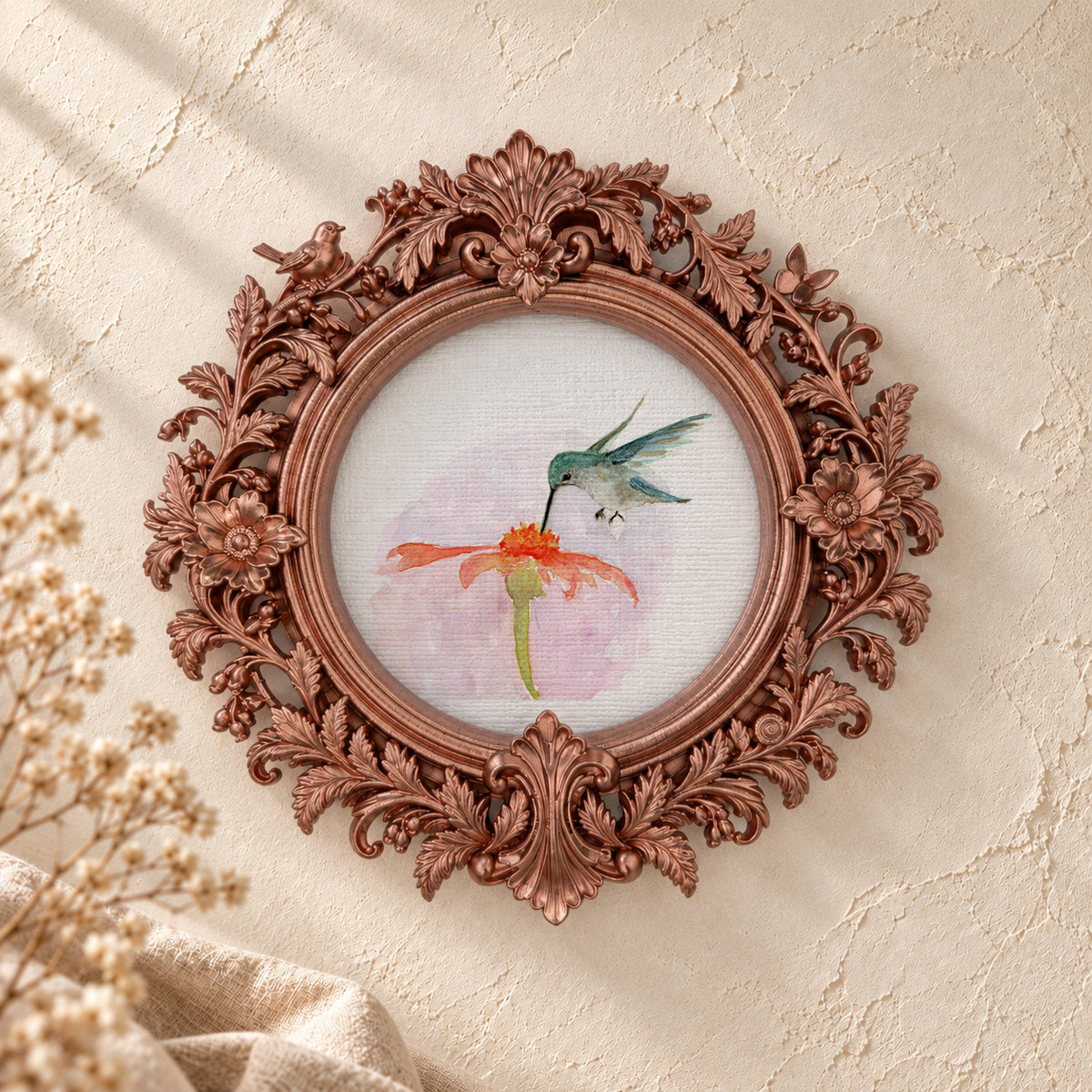 Hummingbird on a Coneflower round framed art print, rose gold baroque frame