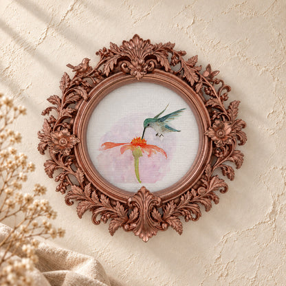 Hummingbird on a Coneflower round framed art print, rose gold baroque frame