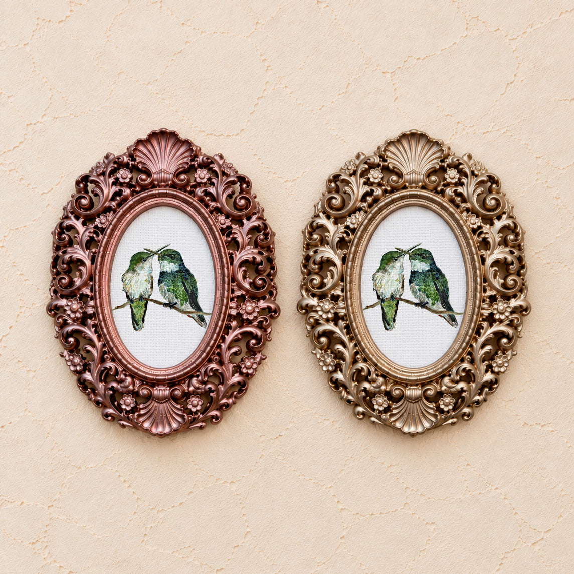 Hummingbirds in Love, gold and rose gold side by side