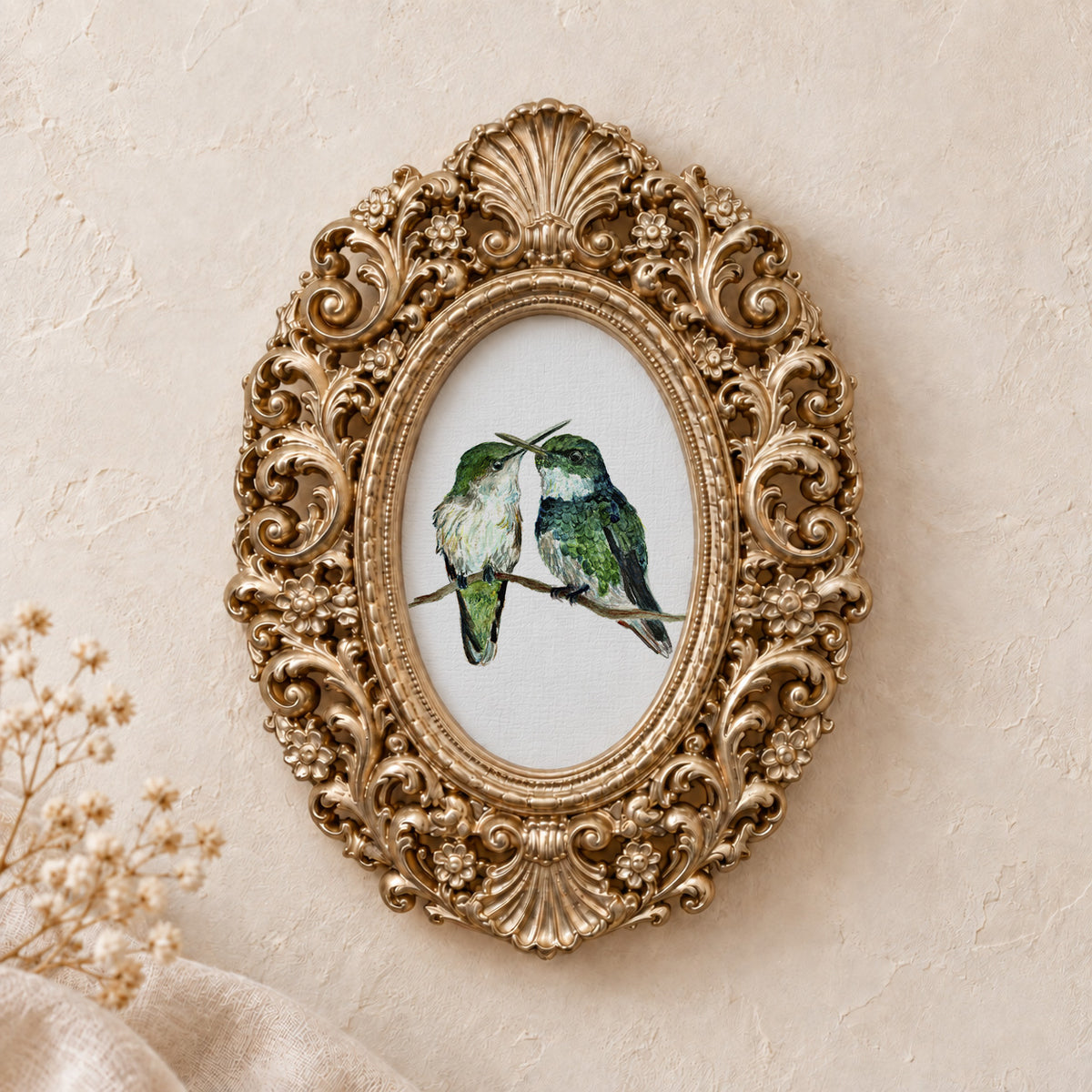 Hummingbirds in Love framed art print, gold baroque frame