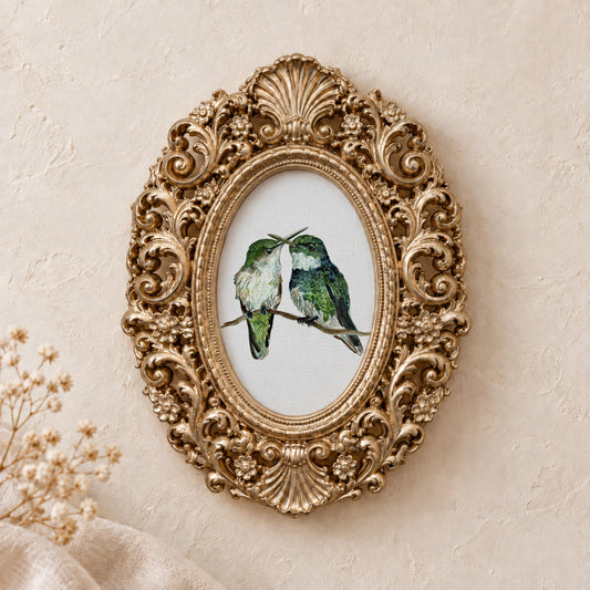 Hummingbirds in Love framed art print, gold baroque frame