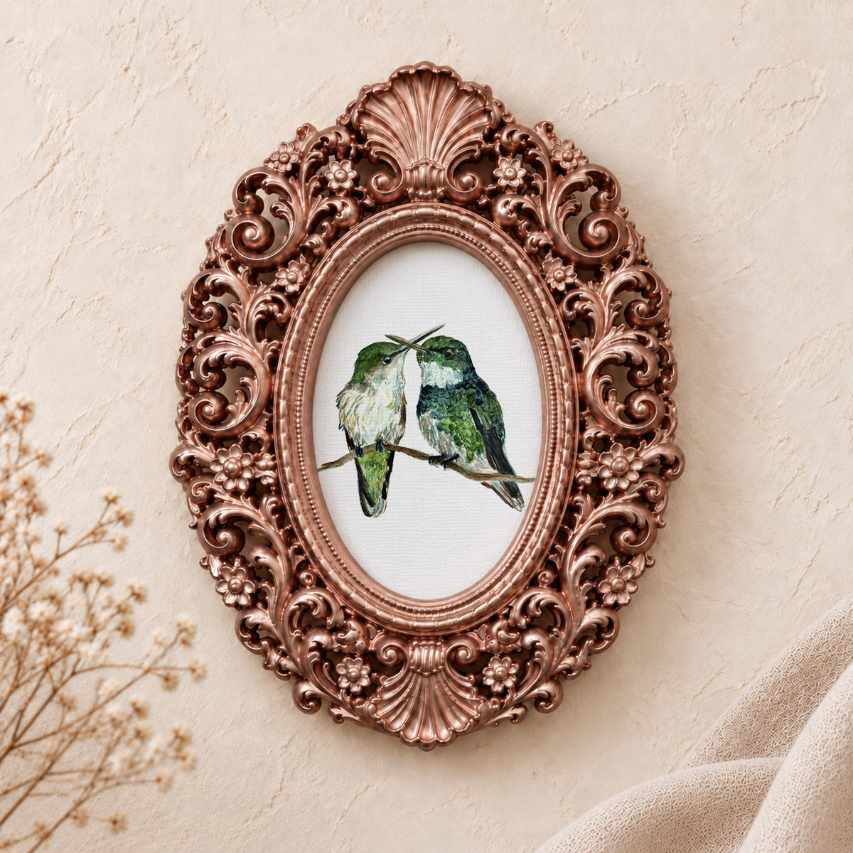 Hummingbirds in Love framed art print, rose gold baroque frame