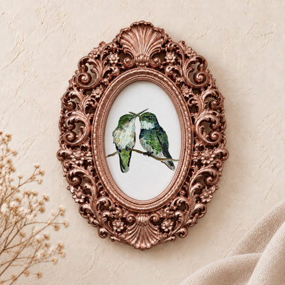 Hummingbirds in Love framed art print, rose gold baroque frame