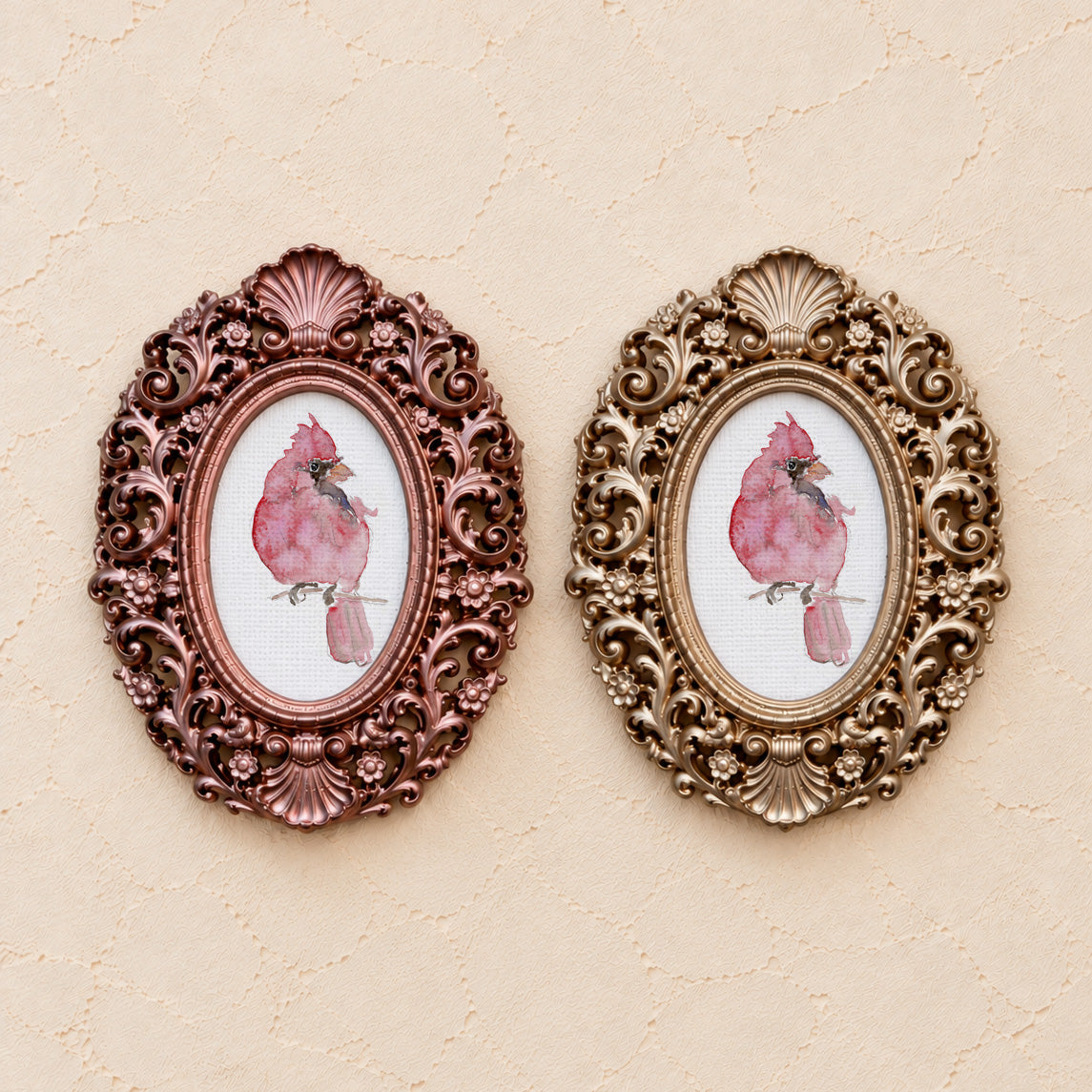 Loose Cardinal, gold and rose gold side by side