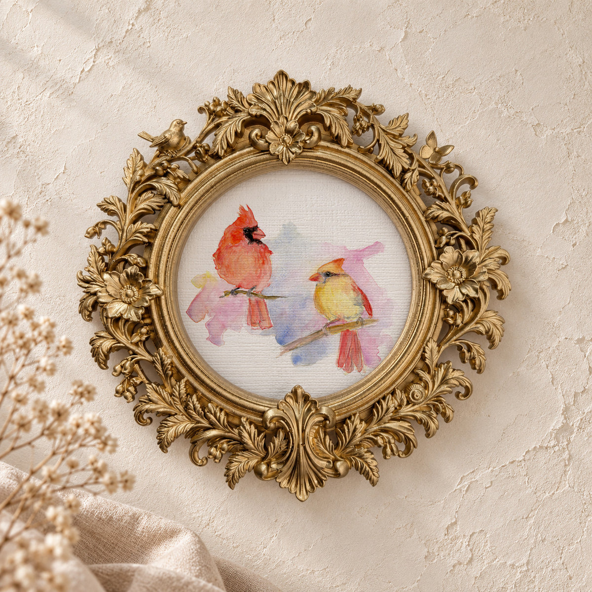Loose Cardinal Pair round framed art print, gold baroque frame