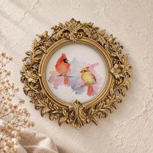 Loose Cardinal Pair round framed art print, gold baroque frame