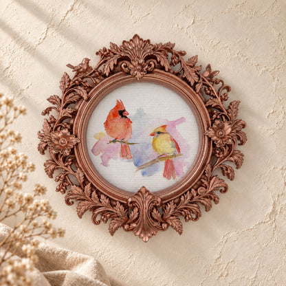 Loose Cardinal Pair round framed art print, rose gold baroque frame