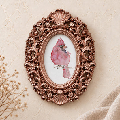 Loose Cardinal framed art print, rose gold baroque frame