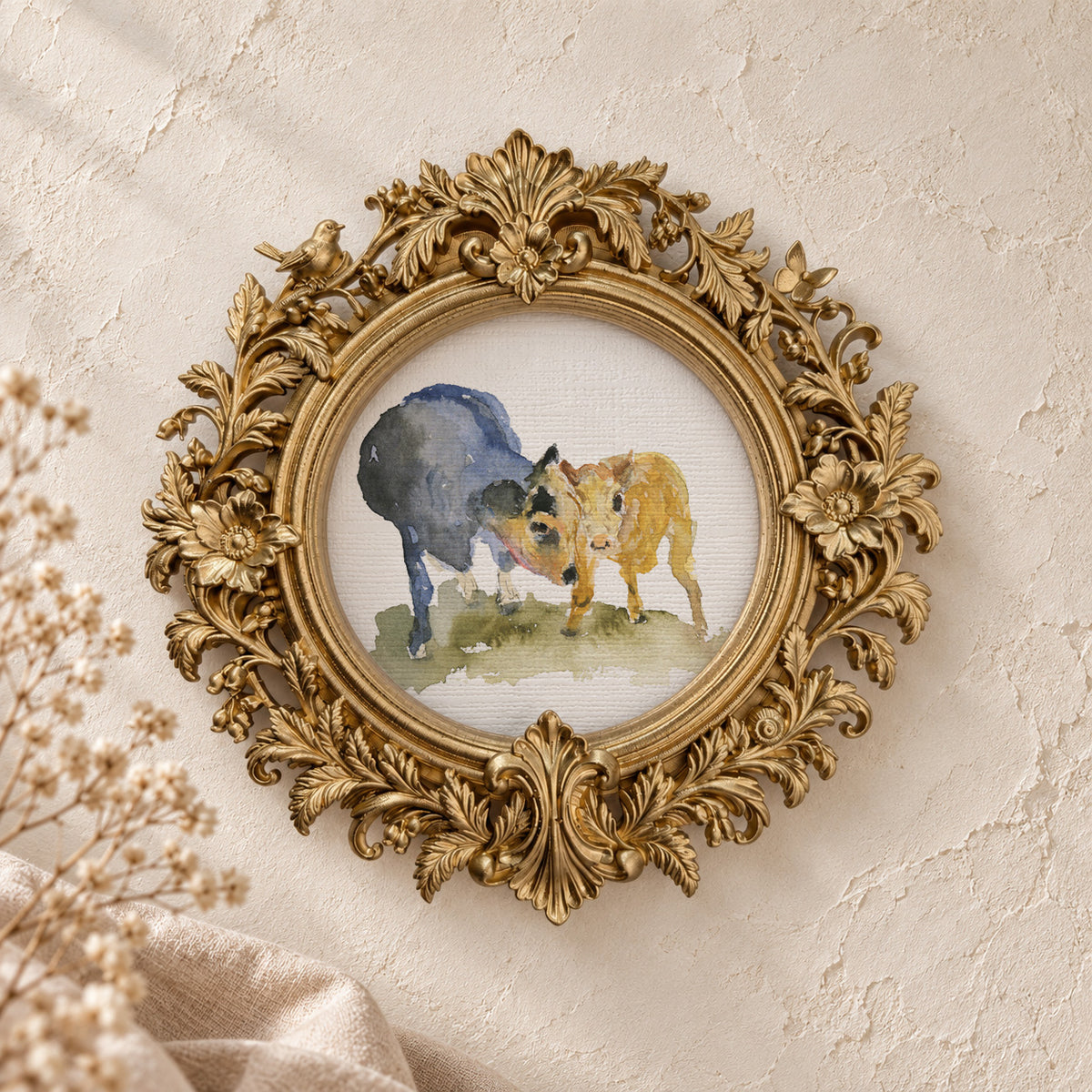Mama Cow and Baby Calf round framed art print, gold baroque frame